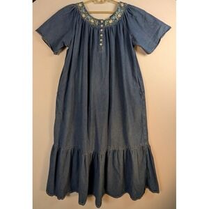 V. Era Embroidered Denim House MuuMuu Patio Dress Women's XL Blue Flowers